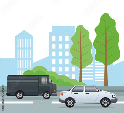 road cityscape scene with vehicles