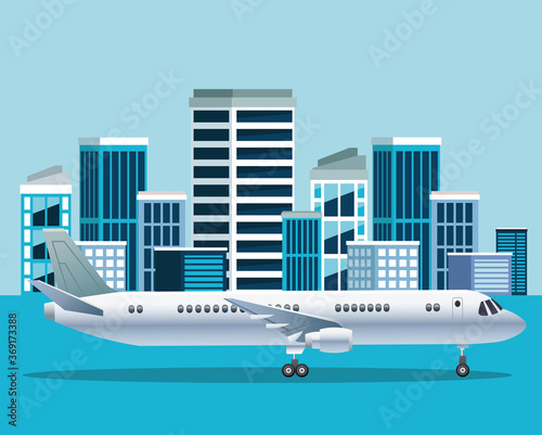 white airplane transport in the airport cityscape scene