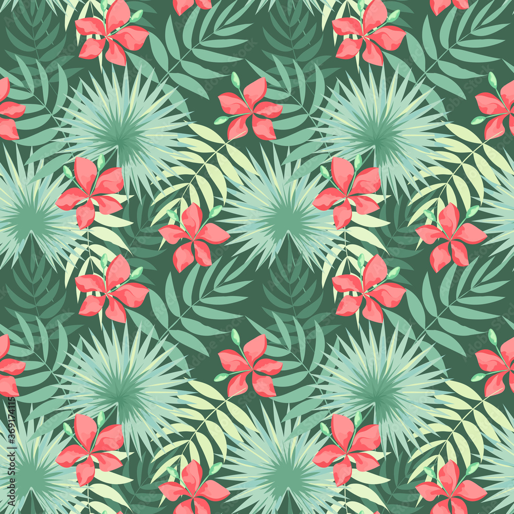 Tropical leaves and flowers. Delicate seamless pattern. Vector illustration isolated on green background. Tropical leaves and flowers. Delicate seamless pattern. Vector illustration isolated on green background.