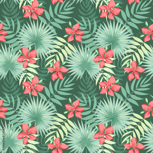 Tropical leaves and flowers. Delicate seamless pattern. Vector illustration isolated on green background.