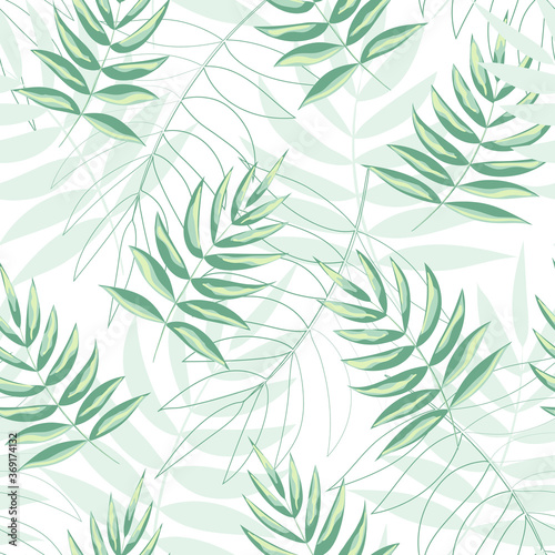 Tropical leaves and flowers. Delicate seamless pattern. Vector illustration isolated on white background.