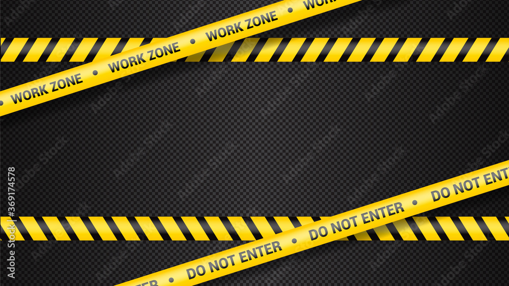 Police tape, crime danger line. Caution police lines isolated. Warning tapes. Set of yellow warning ribbons. Vector illustration on white background.Work zone.