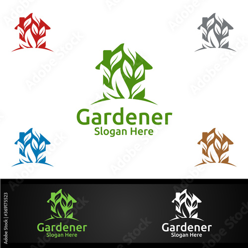 House Gardener Logo with Green Garden Environment or Botanical Agriculture