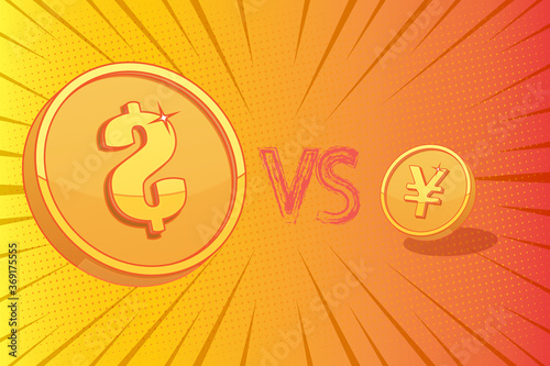 Coins with yuan and dollar symbols fighting each other with clashing fists due Trade War (written in Chinese calligraphy)  between China and U.S.A. yellow background