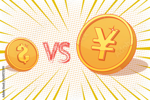 Coins with yuan and dollar symbols fighting each other with clashing fists due Trade War (written in Chinese calligraphy)  between China and U.S.A. yellow background