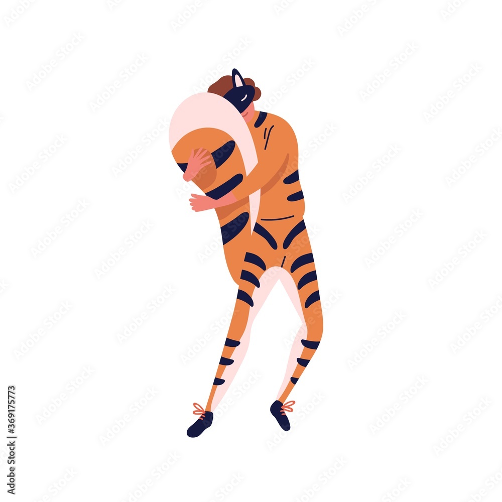 Male character in cute tiger costume hiding behind fluffy tail vector flat illustration. Funny guy in masquerade apparel and mask of striped wild animal isolated. Man wearing carnival garment Male character in cute tiger costume hiding behind fluffy tail vector flat illustration. Funny guy in masquerade apparel and mask of striped wild animal isolated. Man wearing carnival garment
