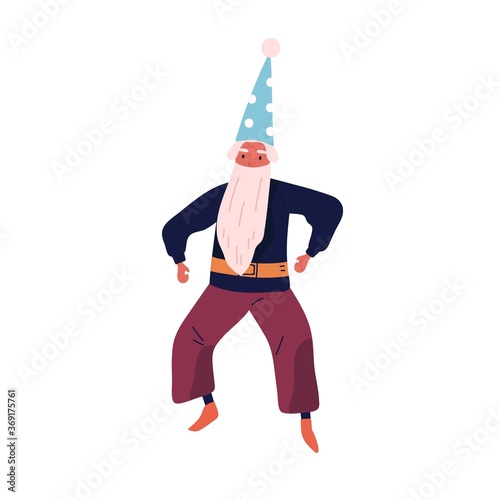 Male character in wizard costume vector flat illustration. Festive magical gn...