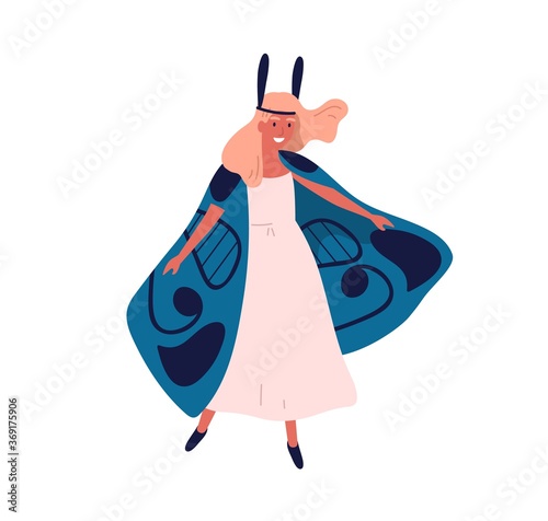 Smiling elegant woman in butterfly costume vector flat illustration. Female w...