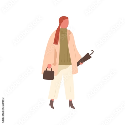 Girl in trendy outfit carrying umbrella and handbag vector flat illustration....