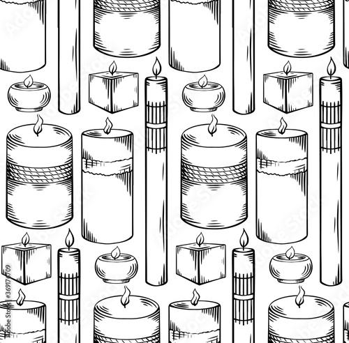 Seamless pattern with relax candles in row. Black and white sketch with hatching. Various wax candles. Vector spa, relaxation elements for wallpaper, backdrop and textile