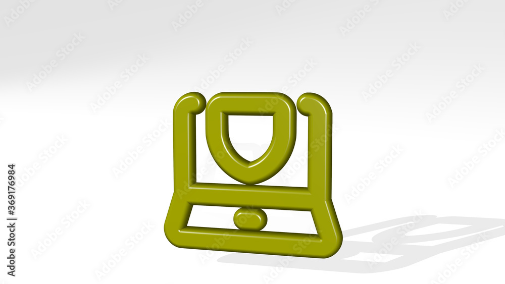 Obraz premium LAPTOP SHIELD stand with shadow. 3D illustration of metallic sculpture over a white background with mild texture. computer and business