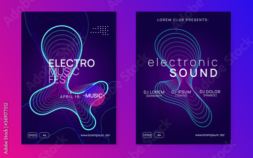 Neon sound flyer. Electro dance music. Electronic fest event. Club dj poster. Techno trance party.