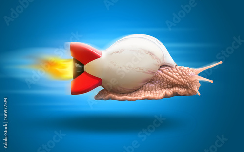 Snail flying fast with rocket shell. Business career innovation success concept. photo