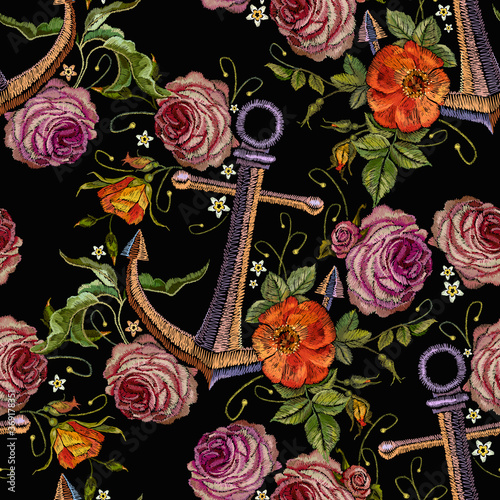 Anchor, red roses and peonies embroidery seamless pattern. Sea fashionable vintage background. Fashion template for clothes, textile t-shirt design