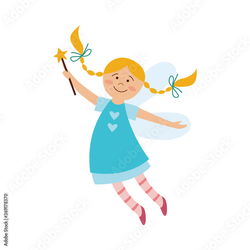 Beautiful fairy girl blonde with a magic wand and wings in a blue dress.