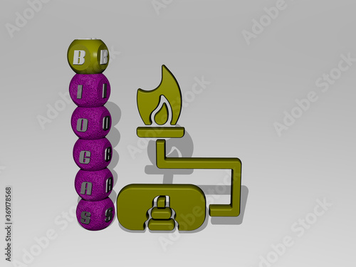 3D representation of BIOGAS with icon on the wall and text arranged by metallic cubic letters on a mirror floor for concept meaning and slideshow presentation. energy and illustration