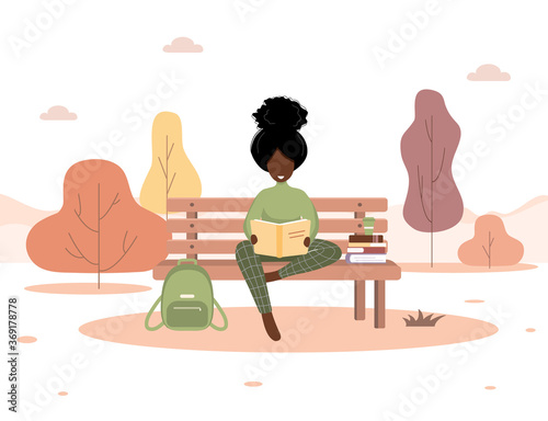 Autumn background. African girl with book sitting on bench in park. Concept illustration for studying. Vector illustration in flat style.