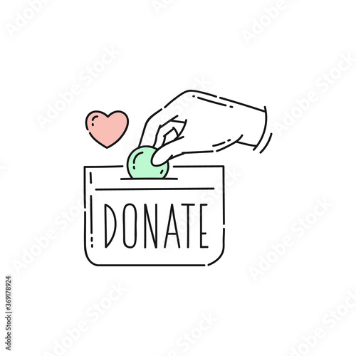 Charity money donation icon - hand putting a green coin in a purse with word donate.