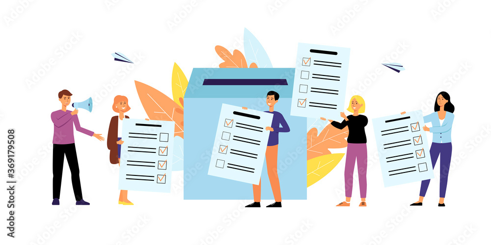 Cartoon people putting paper poll results in box, campaign team holding ...