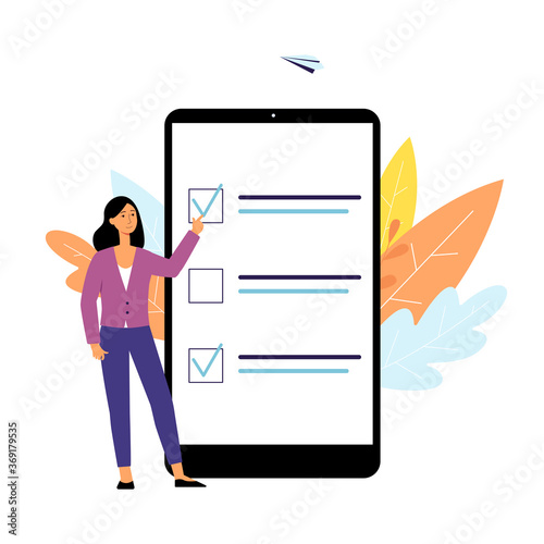 Online poll checklist on cartoon tablet with woman pointing at choice form with check mark