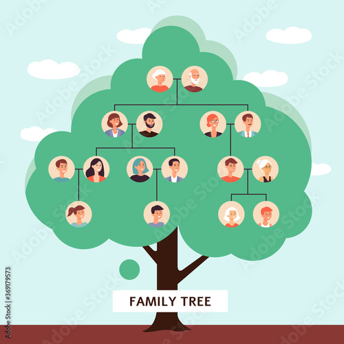WebFamily tree with cartoon drawings of old father and mother starting a genealogy chain of children