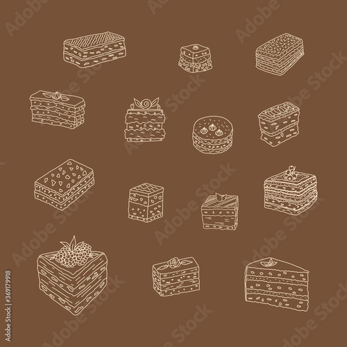 Various cakes and desserts on a brown background. Vector illustration.