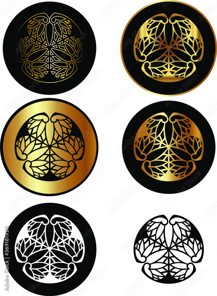 Japanese Family Crests symbol. KAMON. Tokugawa clan mon or emblem. Maruni Mitsu(ba) Aoi, the hollyhock crest of the Tokugawa clan. Vector illustration. Japanese Family Crests symbol. KAMON. Tokugawa clan mon or emblem. Maruni Mitsu(ba) Aoi, the hollyhock crest of the Tokugawa clan. Vector illustration.