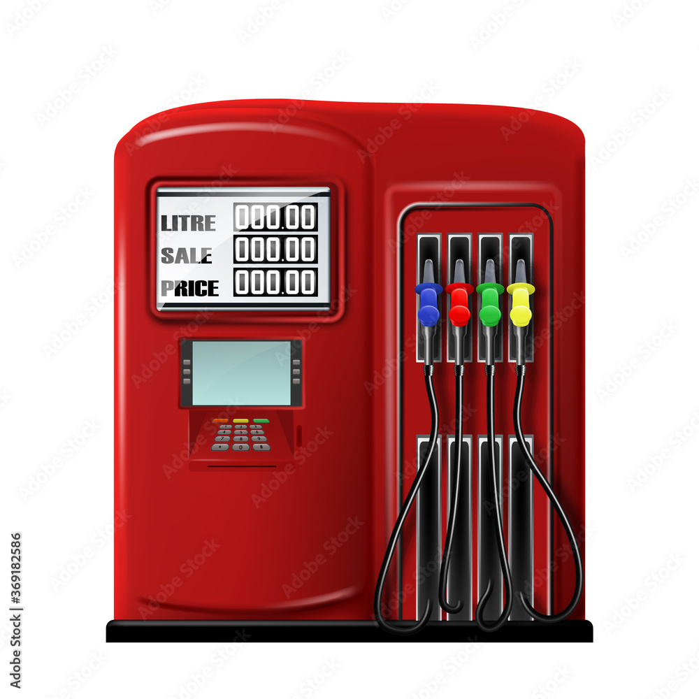 Gas Station Equipment For Refuel Automobile Vector. Fuel Auto Station Tool With Petrol Pump