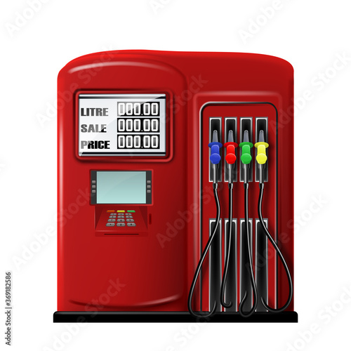Gas Station Equipment For Refuel Automobile Vector. Fuel Auto Station Tool With Petrol Pump Filling Nozzles, Payment Terminal And Gasoline Measuring. Car Refueling Template Realistic 3d Illustration