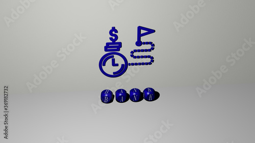 Obraz w ramie 3D representation of bank with icon on the wall and text arranged by metallic cubic letters on a mirror floor for concept meaning and slideshow presentation. business and illustration