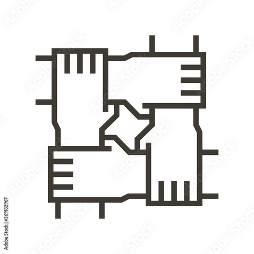 Hands of different people together grabbing eachothers arms. Vector icon illustration for concepts of teamwork, unity, community, togetherness.