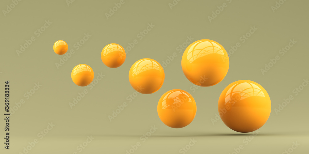 Naklejka 3d render. Many flying yellow spheres on a light green background. Illustration for advertising.