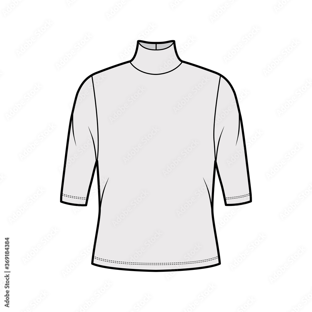 Turtleneck jersey sweater technical fashion illustration with elbow sleeves, oversized body. Flat outwear apparel template front, grey color. Women, men unisex shirt top CAD mockup Turtleneck jersey sweater technical fashion illustration with elbow sleeves, oversized body. Flat outwear apparel template front, grey color. Women, men unisex shirt top CAD mockup