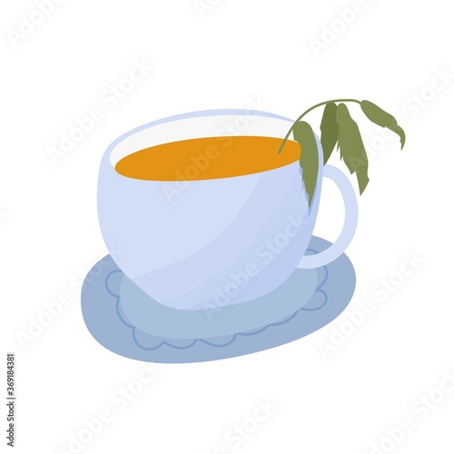 Cup with tea, teacup with mint, herbal hot drink, beverage isolated on white background in doodle style stock vector illustration