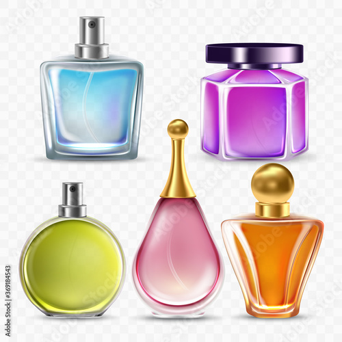 Perfume Glass Bottles Sprayer Collection Vector. Transparency Blank Perfumery Bottles In Different Form And Style Gift For Man Or Woman. Aromatic Fluid Containers Template Realistic 3d Illustrations