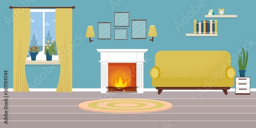 Modern cozy interior of living room with fireplace, sofa, window. Winter time, warm empty room stock vector illustration