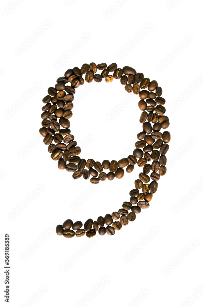 The inscription number nine of coffee beans. Isolated on white background. The inscription number nine of coffee beans. Isolated on white background.