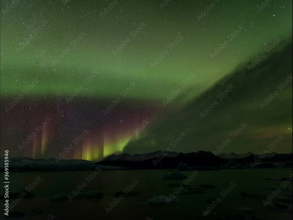 northern lights aurora in Jokulsarlon glacial river lagoon northern lights aurora in Jokulsarlon glacial river lagoon