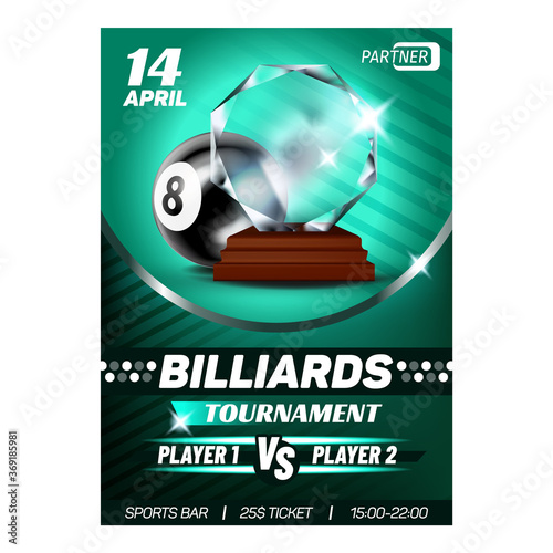 Billiard Snooker Sport Winner Reward Poster Vector. Billiard Ball And Award For Club Win Player High Score. Championship Leadership Award Game Achievement Color Concept Template Illustration