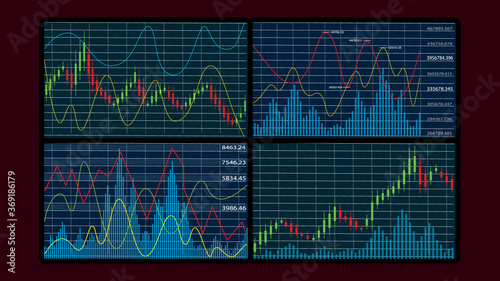 Stock market graphs and charts on monitor screens, trader workplace, stock exchange business concept, flat design, vector illustration.