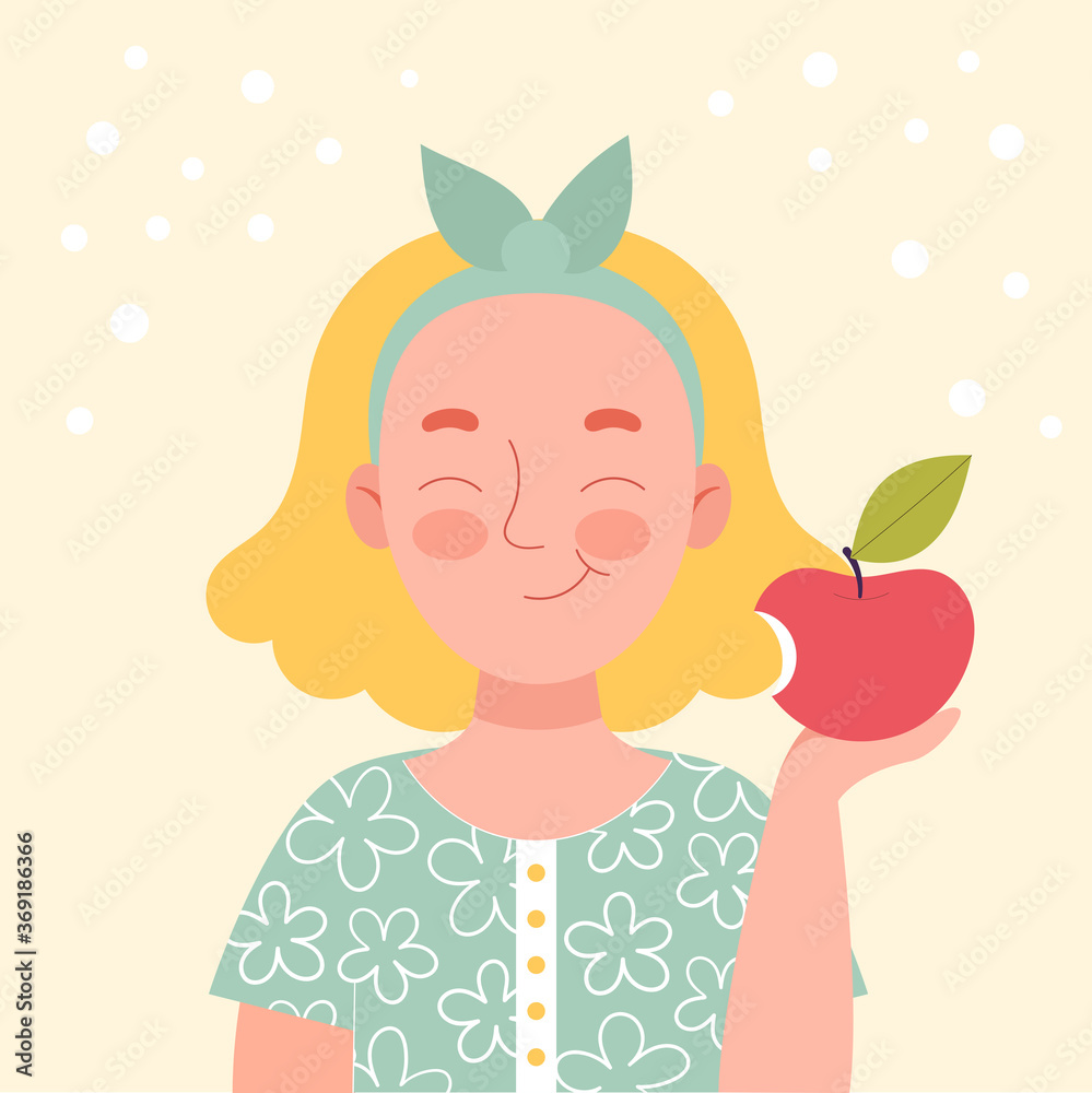 Cute smiling blonde girl eating an apple. School snack, healthy food, fruit diet, vitamins for children. Flat vector cartoon stock illustration Cute smiling blonde girl eating an apple. School snack, healthy food, fruit diet, vitamins for children. Flat vector cartoon stock illustration
