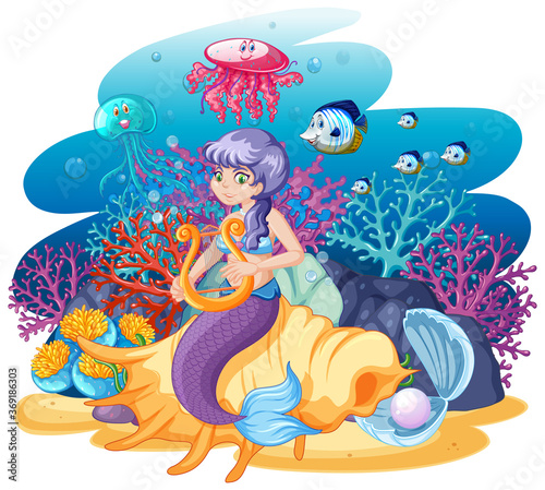 Mermaid sitting on shell and sea animal in cartoon style