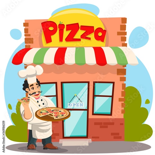 Smiling cook chef serving pizza pizzeria shop