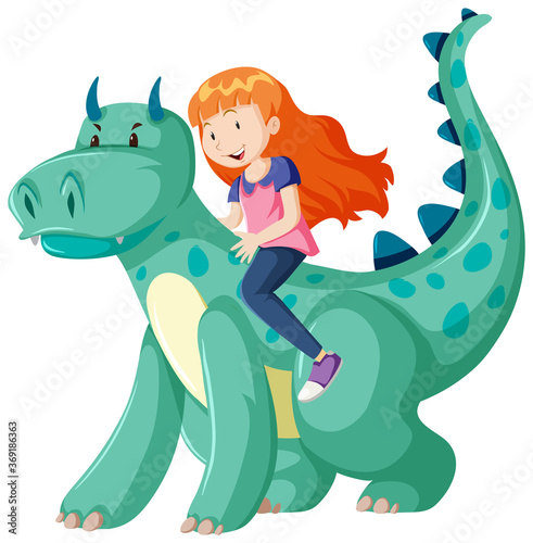 Girl riding on dinosaur cartoon character isolated on white background photo