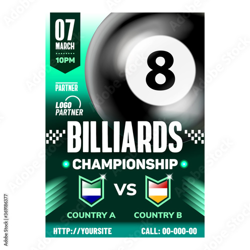 Billiard Professional Sport Event Banner Vector. Billiard Gaming Black Ball Number Eight On Promotion Poster. Active Recreational And Leisure Sportive Hobby Game Colored Concept Mockup Illustration