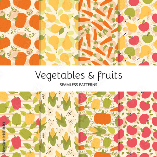Set Vector seamless patterns with cute vegetables and fruits. Pumpkin, pepper, paprika, corn, carrots, apples, pears. Vegetarian, vitamins. Hand drawn flat illustration