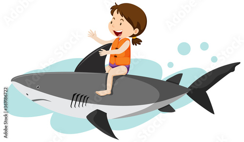 Girl riding on shark cartoon style isolated on white background