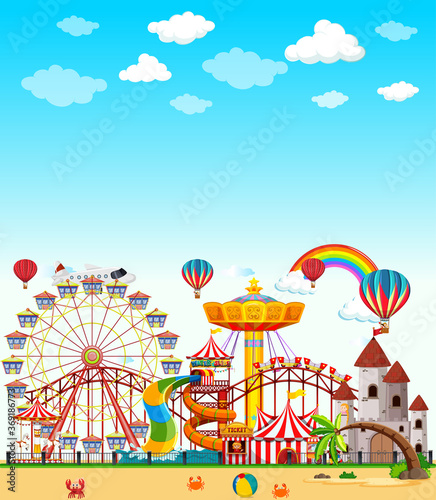Amusement park scene at daytime with blank bright blue sky