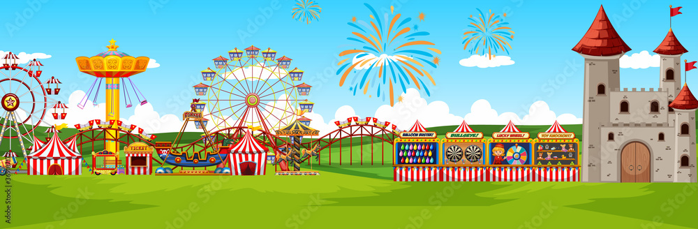 Theme amusement park landscape scene panorama view cartoon style