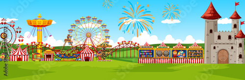 Theme amusement park landscape scene panorama view cartoon style